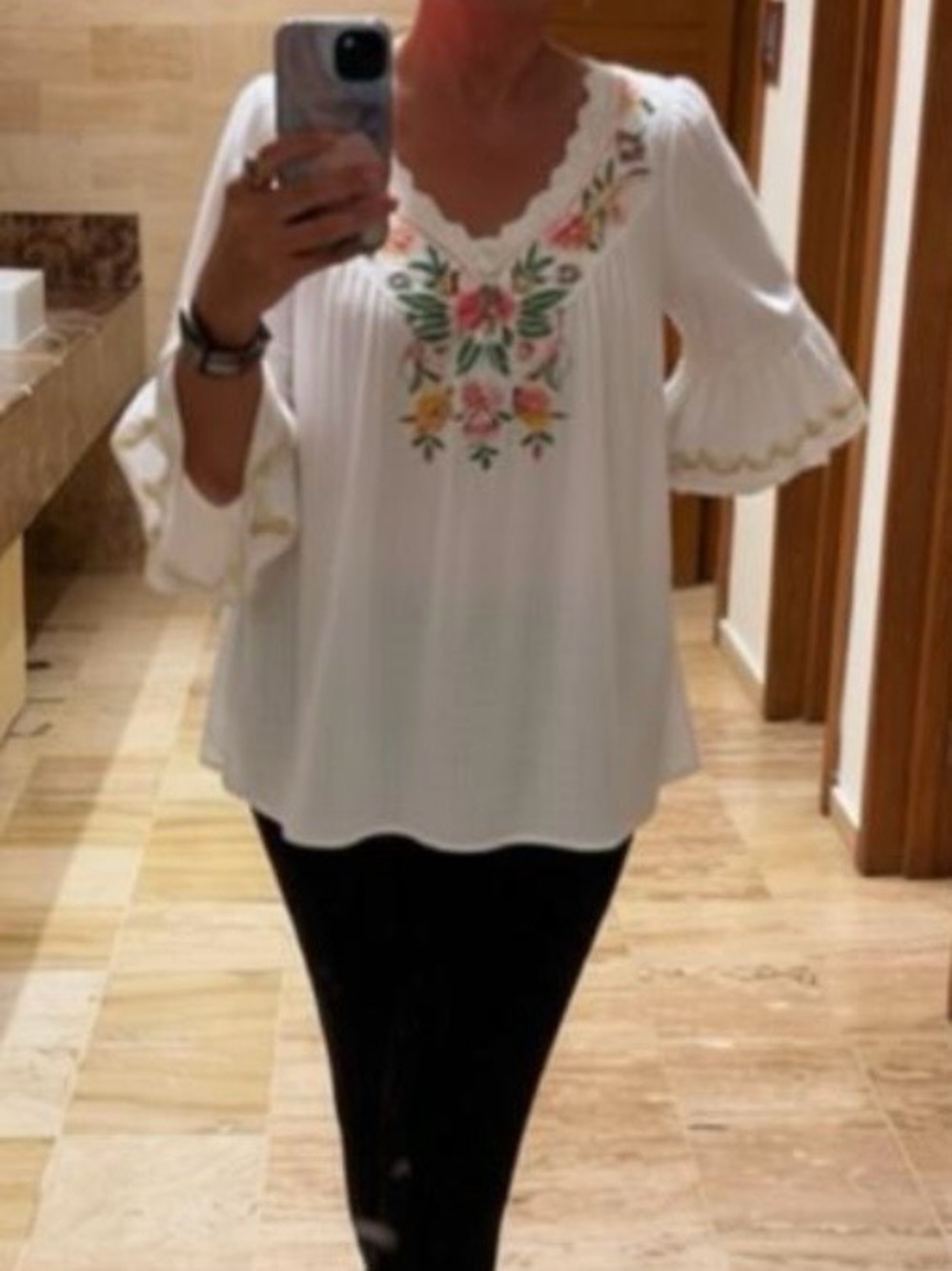Cherry Betty Ivory Floral Embroidered V-Neck Peasant Blouse - Picture 2 of 8